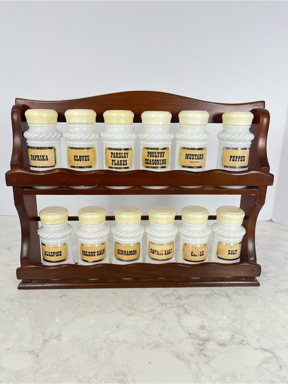Source Unknown Cream and White Milk Glass Spice Jars with Wooden Rack